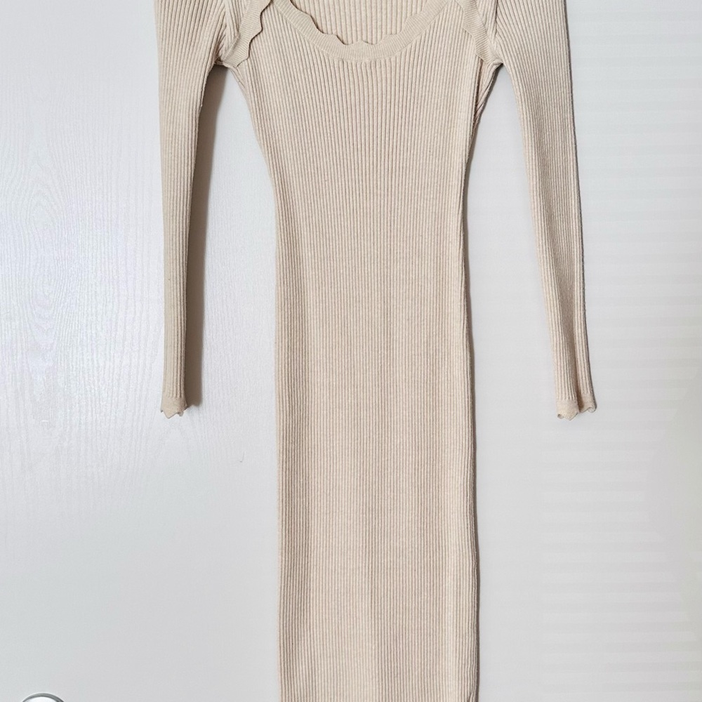 Cream Ribbed Long Sleeve Bodycon Dress